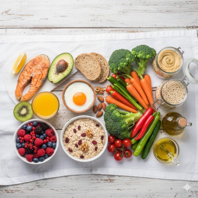 Assorted healthy foods from different diet plans such as Mediterranean, keto, vegan, and paleo on a white table.