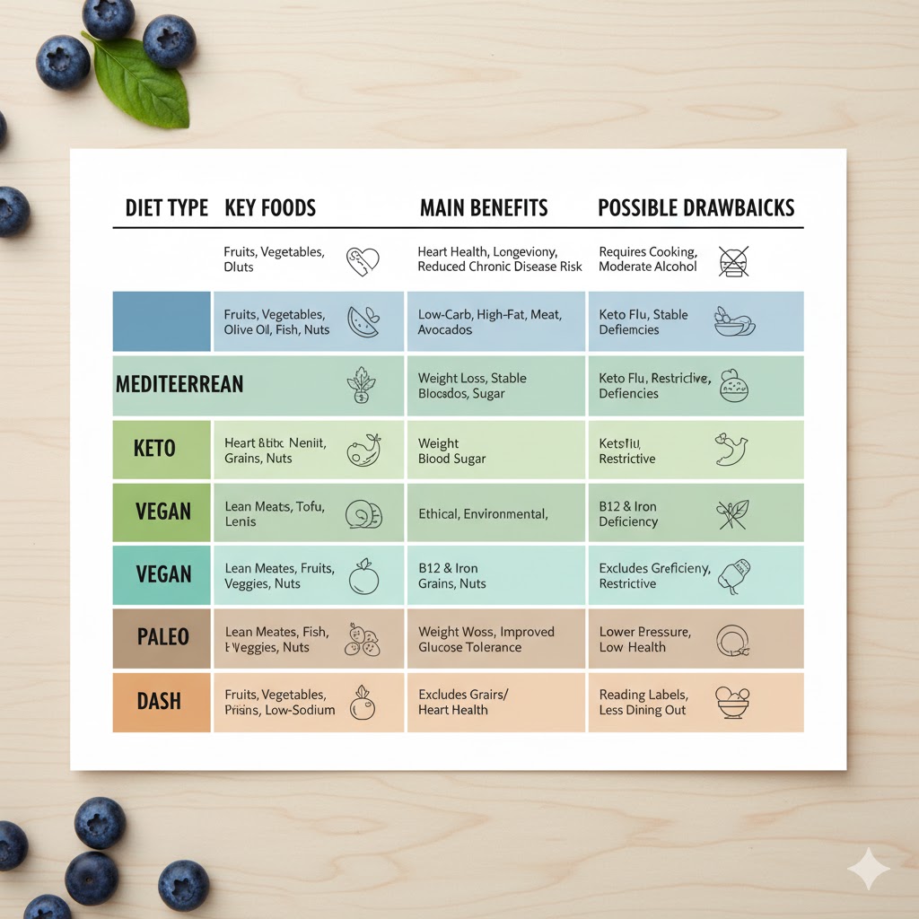 Infographic comparing popular diet plans with their pros and cons.