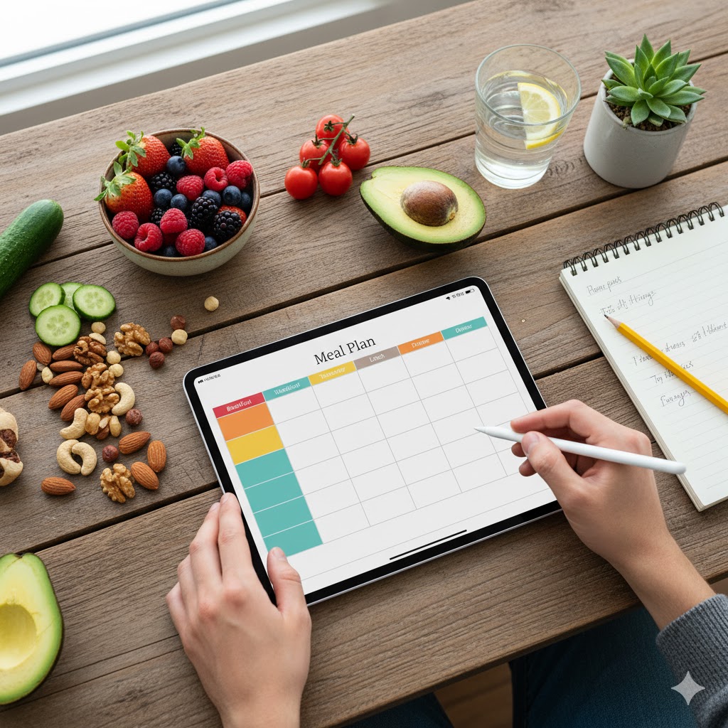 Person planning a personalized healthy diet using a tablet and fresh food ingredients.