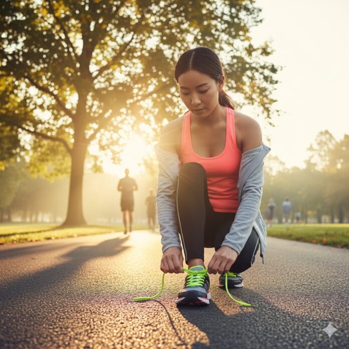Person starting a 7-day weight loss journey with morning exercise.