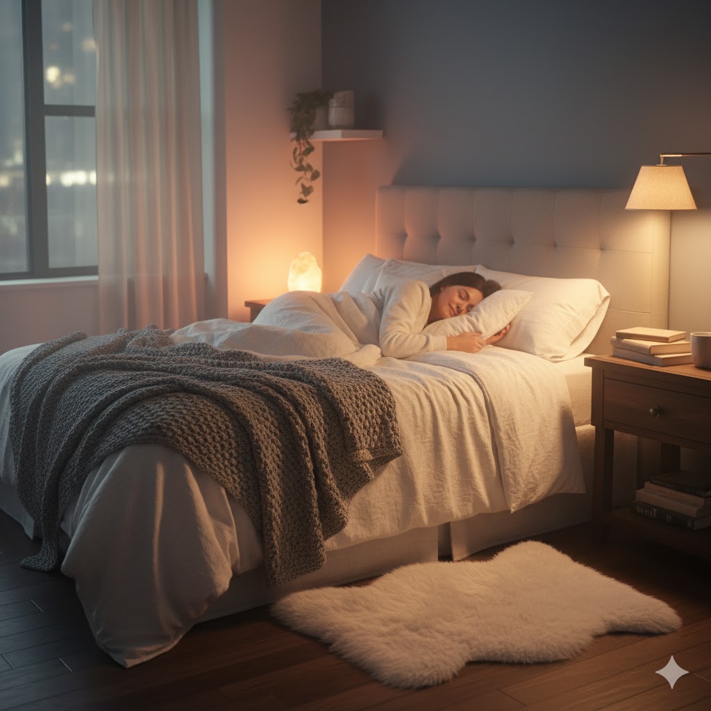 Peaceful bedroom promoting good sleep for weight loss.