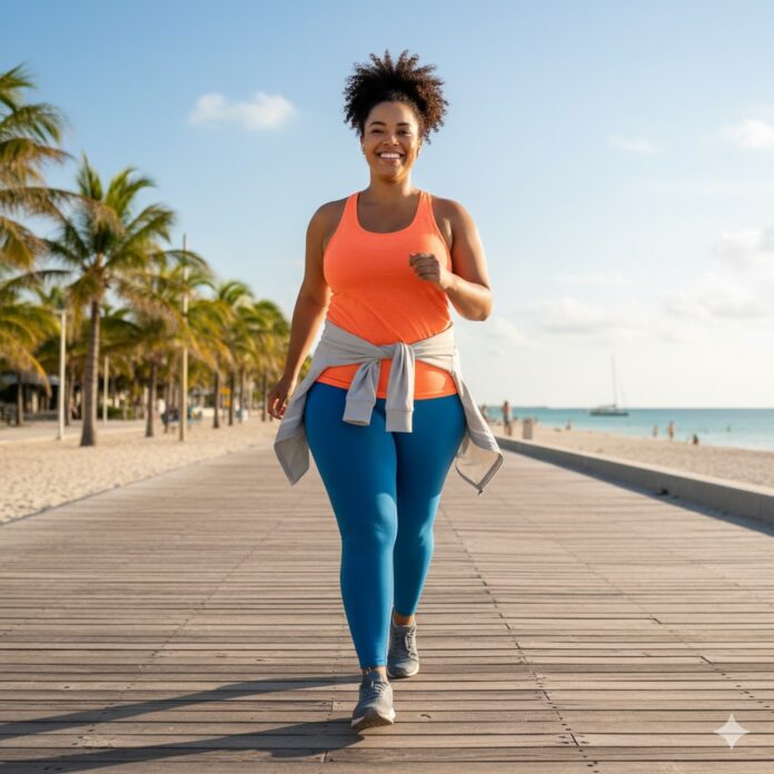 Overweight beginner walking outdoors confidently to start a workout routine.