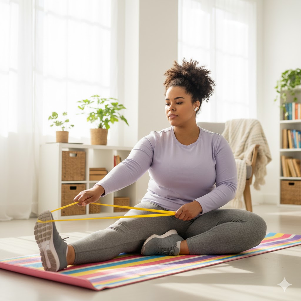 Beginner doing seated exercise at home as part of an easy workout routine.