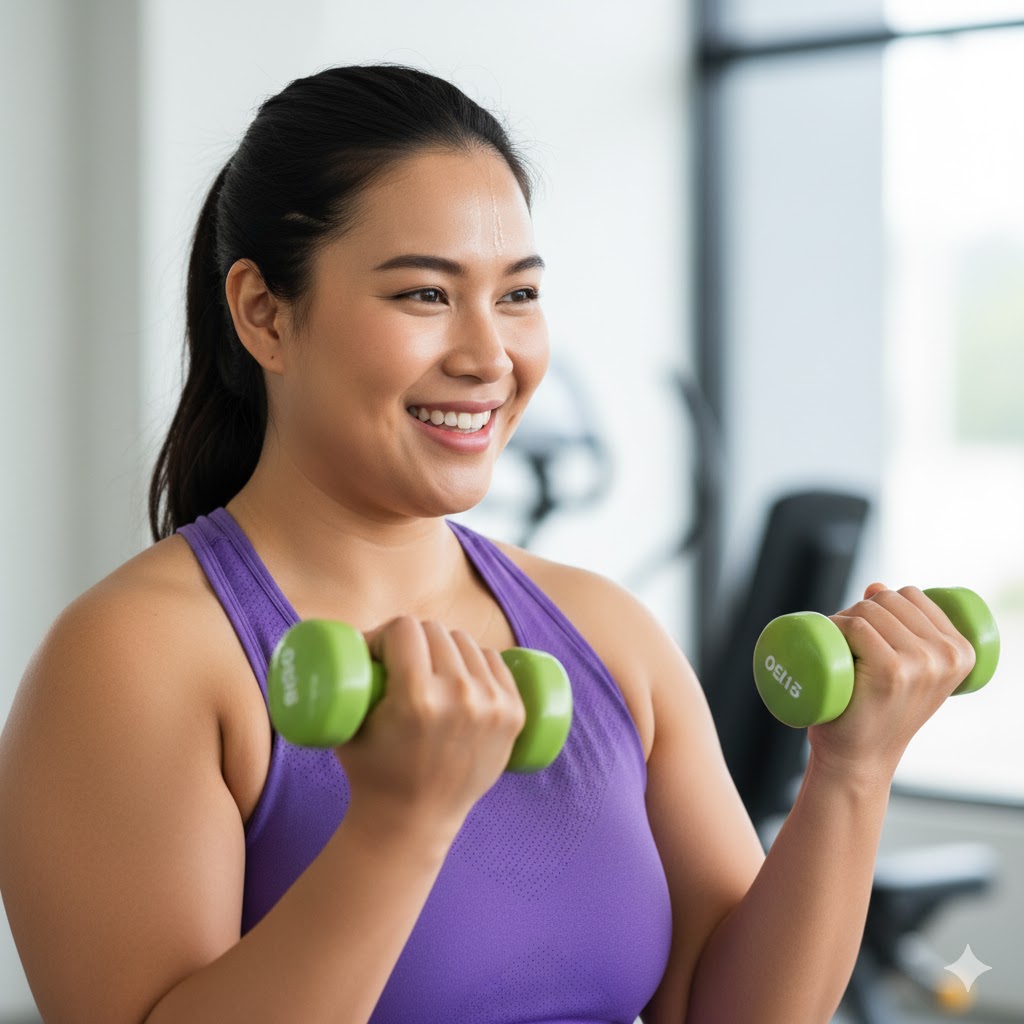 Overweight beginner using resistance bands to build strength safely.