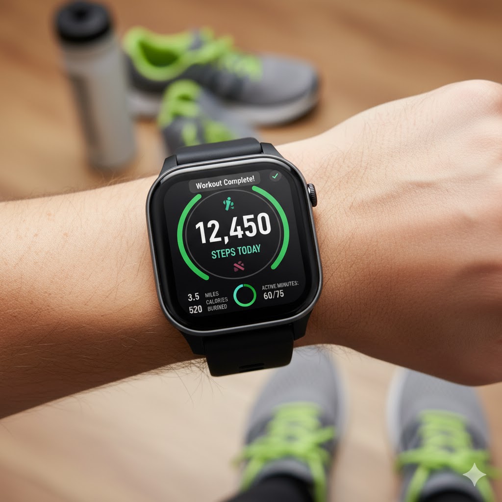 Fitness tracker and journal used to monitor beginner workout progress.